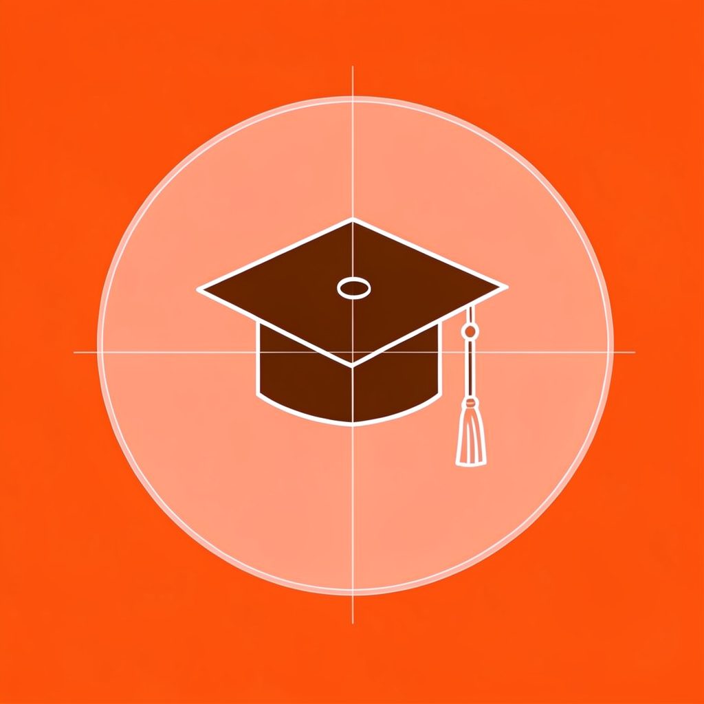 Simple line-art icon of a graduation cap in dark brown on a peach circle