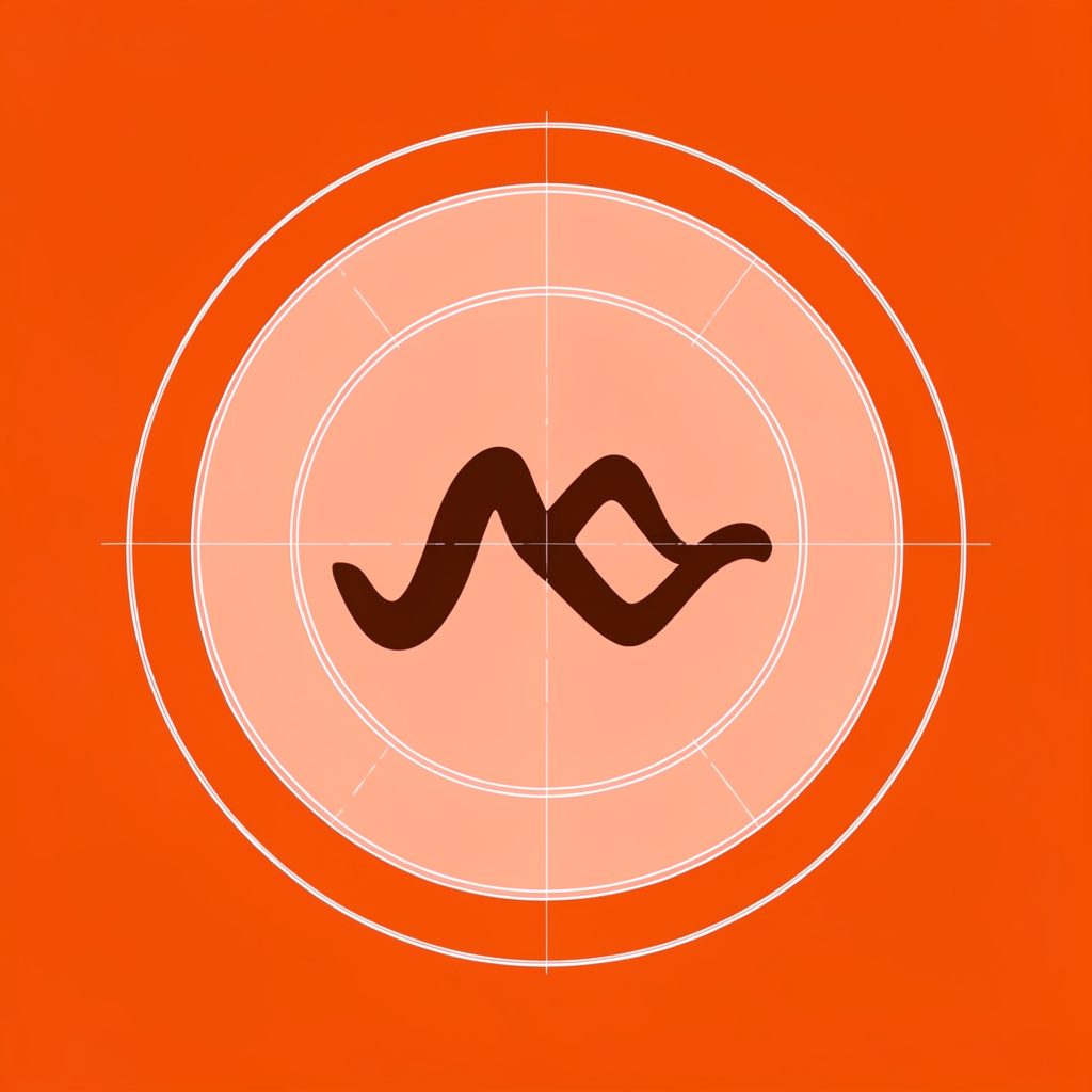 Circular emblem with a stylized signal-wave icon in deep brown on a soft peach background