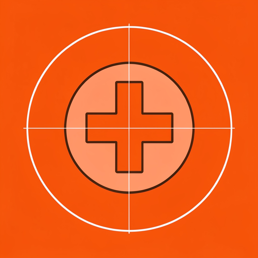 Simple line-art icon of a medical cross in dark brown on a peach circle