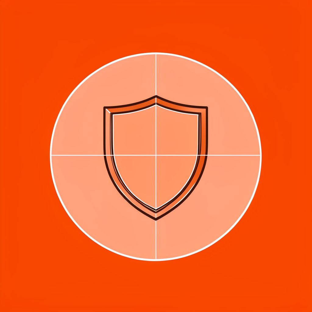 Simple line-art icon of a shield in dark brown on a peach circle