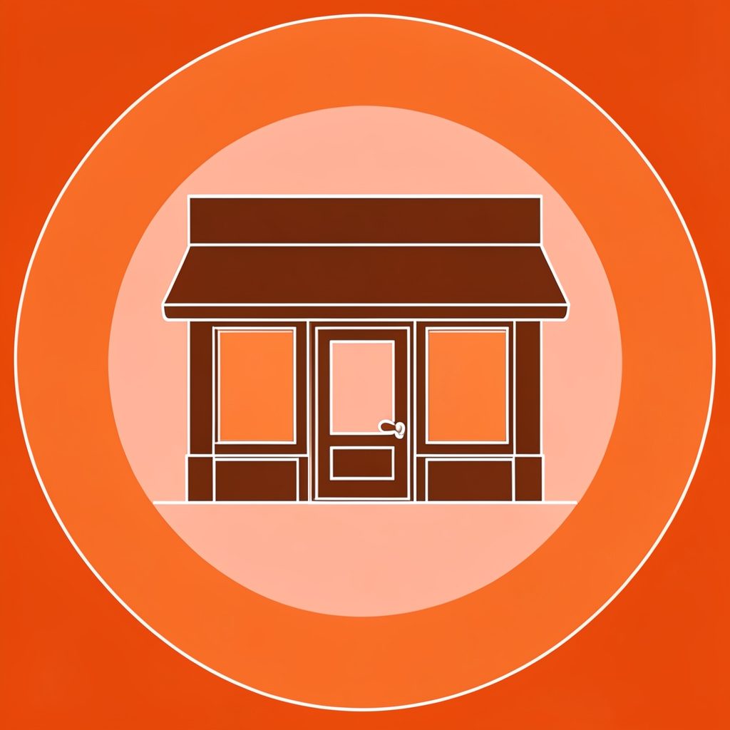 Simple line-art icon of a storefront in dark brown on a peach circle
