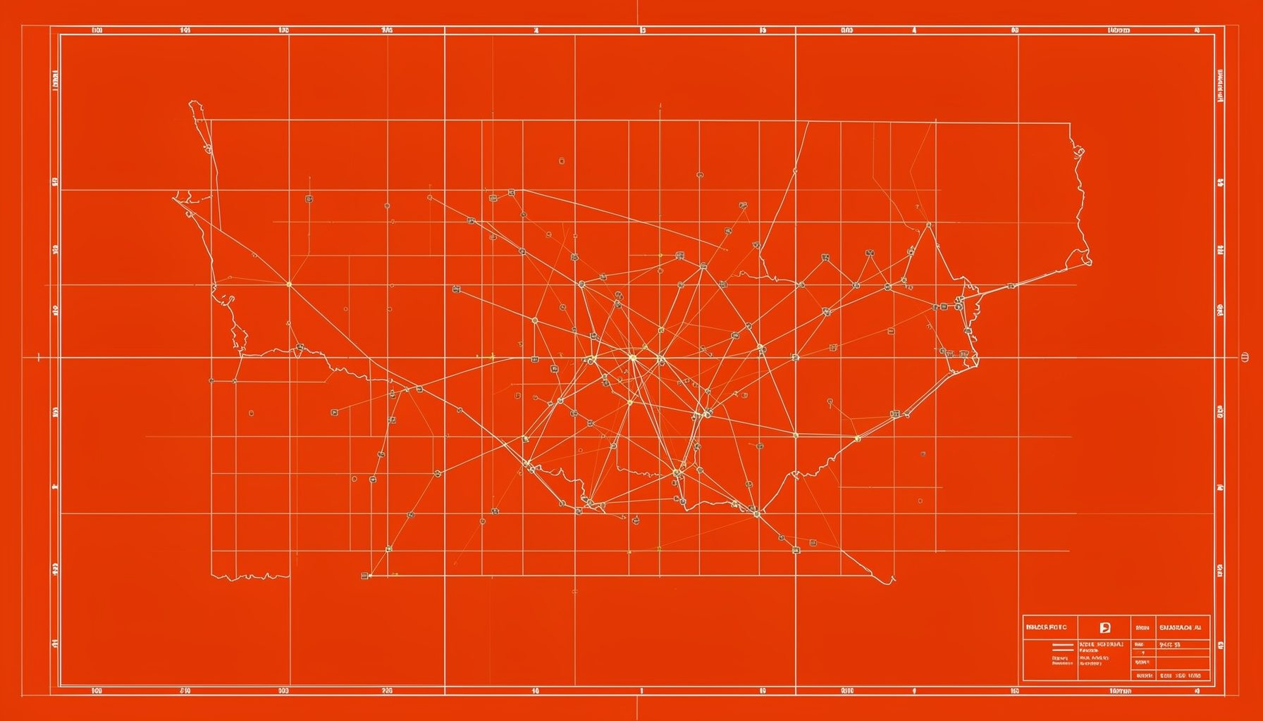 A technical blueprint-style map of Nebraska overlaid with a grid of data points and connectivity indicators in muted amber tones