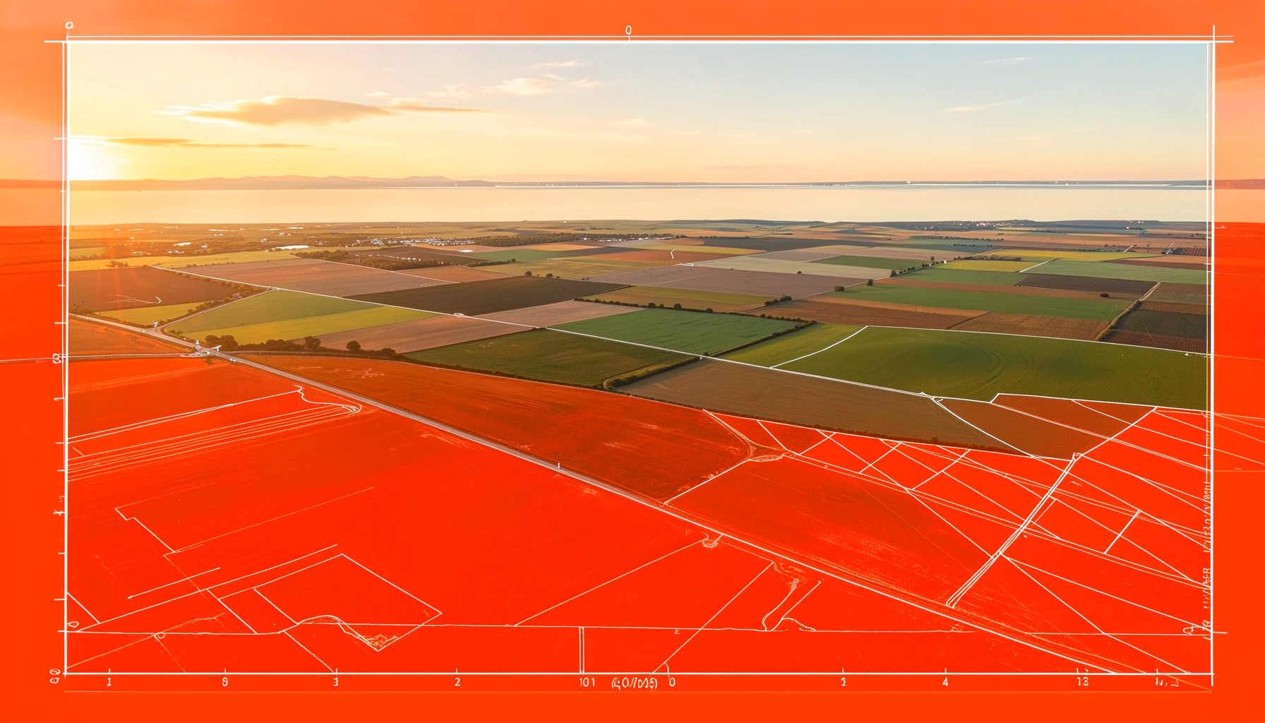 Wide aerial view of Nebraska farmland at golden hour, with patchwork fields in warm amber and brown tones stretching toward the horizon under a soft glowing sky
